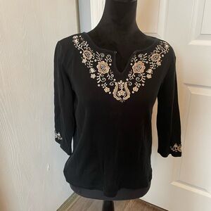 Classic Elements Black Blouse with White Embroidery Size S